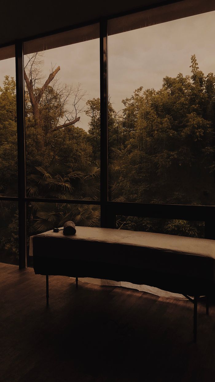 Crafting Captivating Headlines: Your awesome post title goes here Serene interior view with large windows overlooking a lush, foggy forest at dusk. Moody atmosphere.